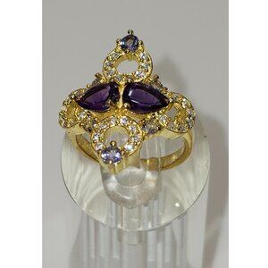 .925 Sterling Silver/14kt Gold Plate Amethyst/Tanzanite/CZ Ring Sz 6 Value $595